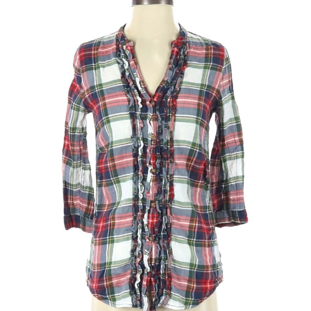 Abercrombie Plaid Button Down Shirt Ruffled V Neck Red